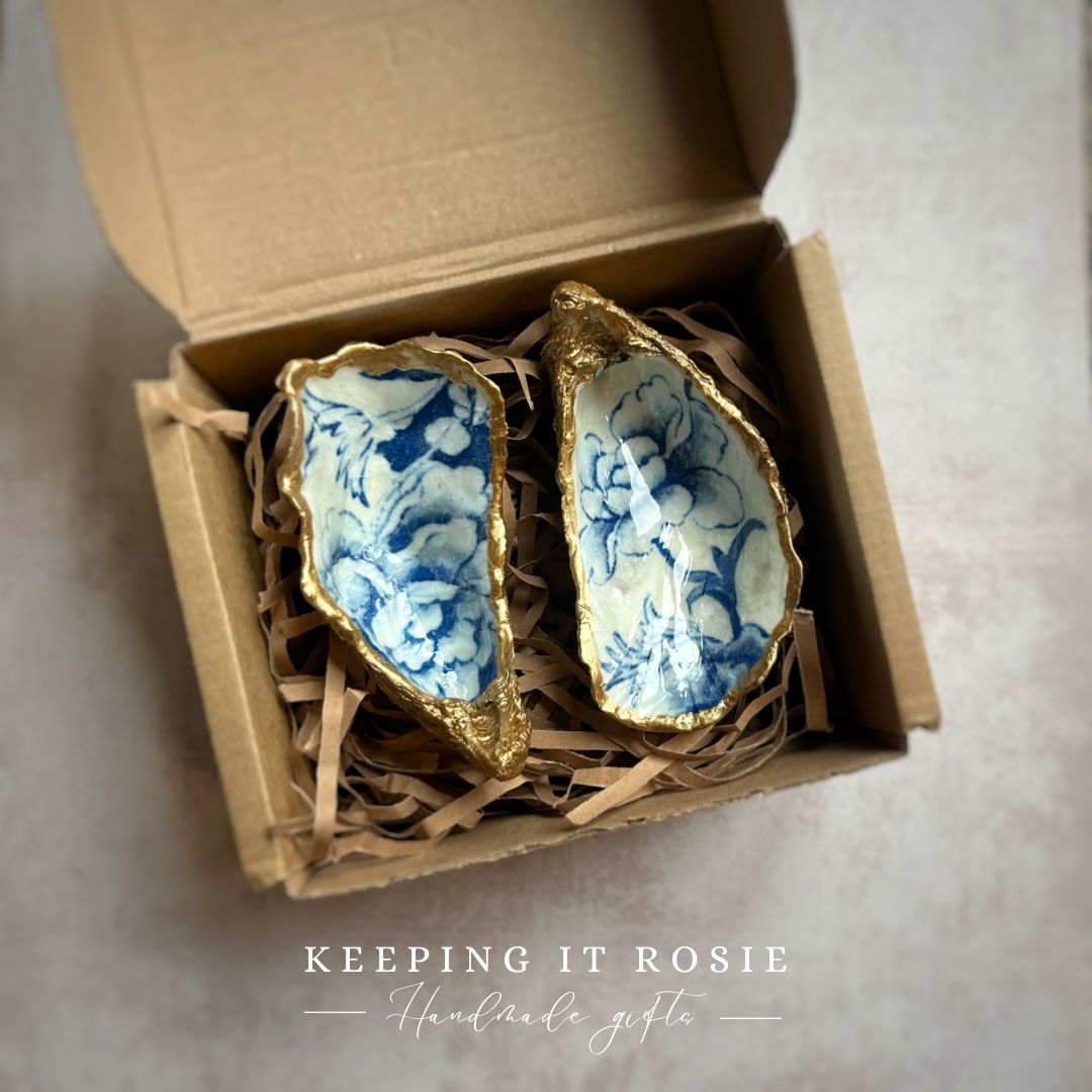 Floral Blue Oyster Shell Trinket Trays
