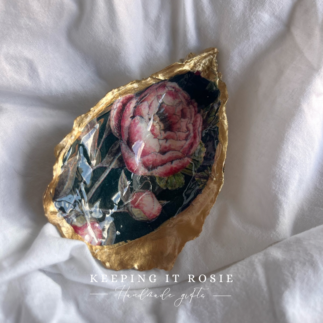 Rose print oyster shell trinket tray
