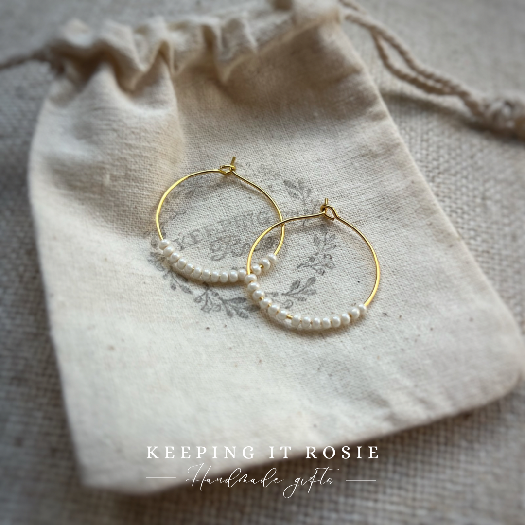 Pearl Heishi Hoop Gold Earrings
