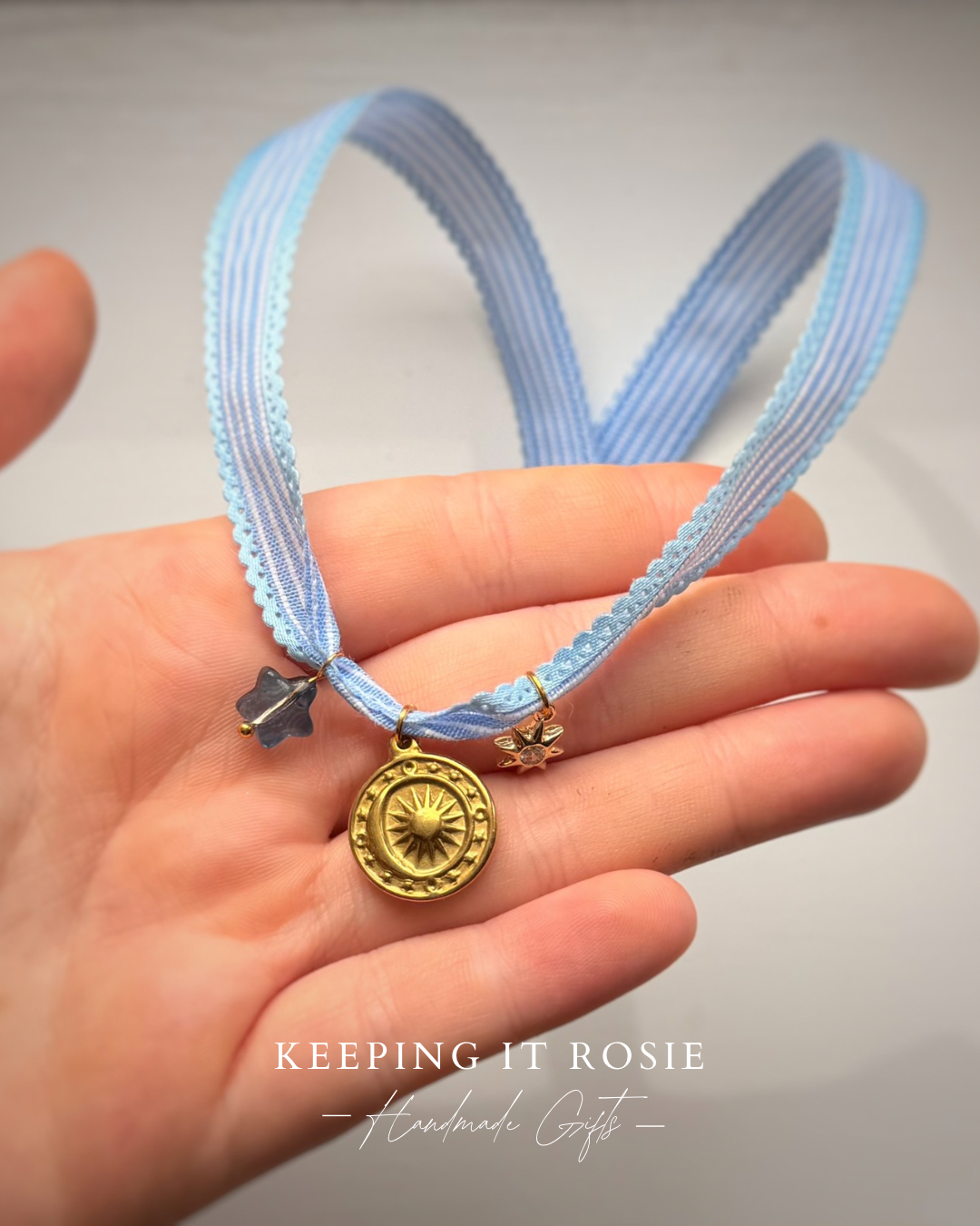 Blue & White stripe ribbon charm necklace