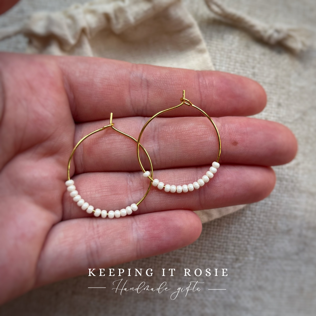 Pearl Heishi Hoop Gold Earrings