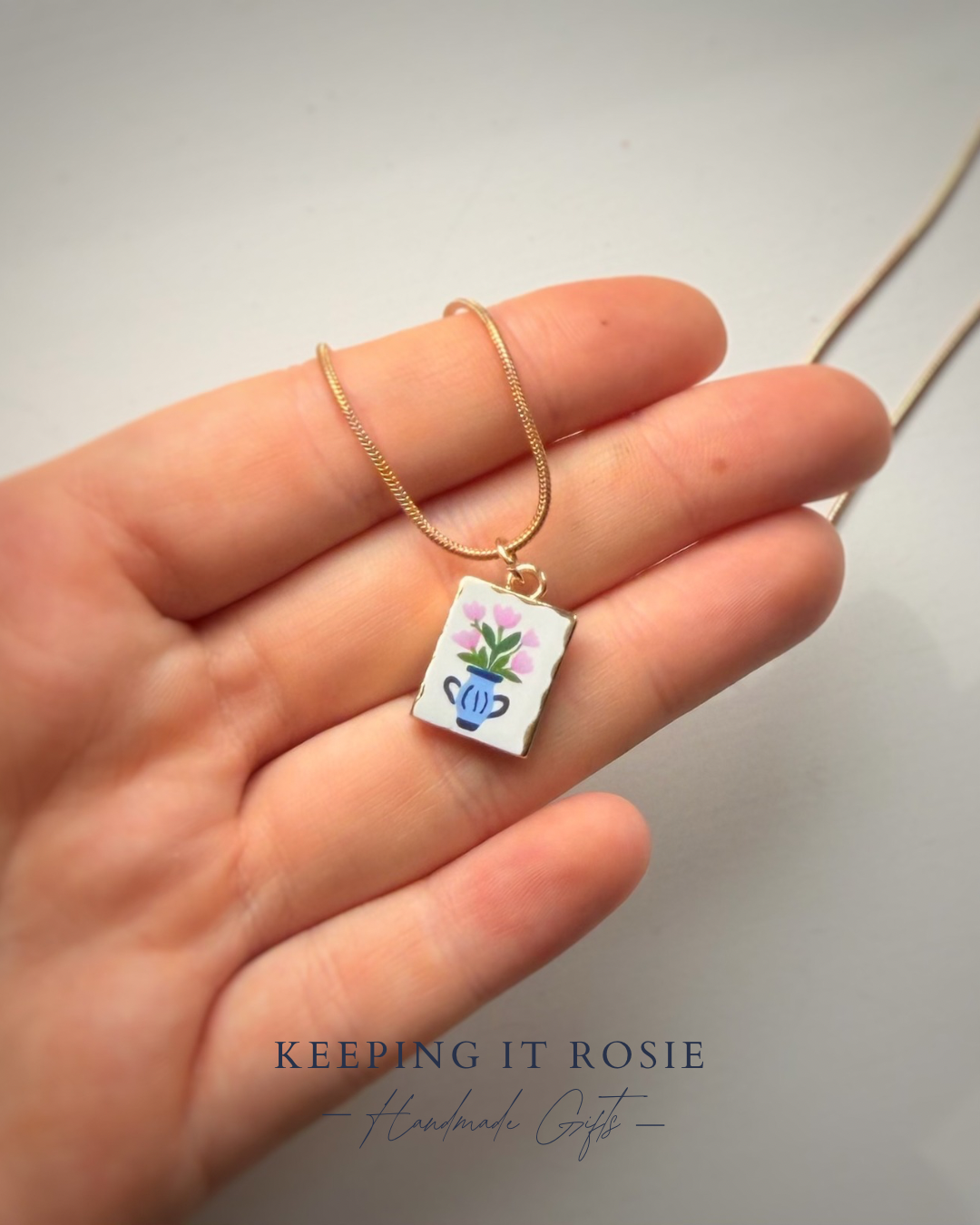Gold Plated flower vase charm necklace