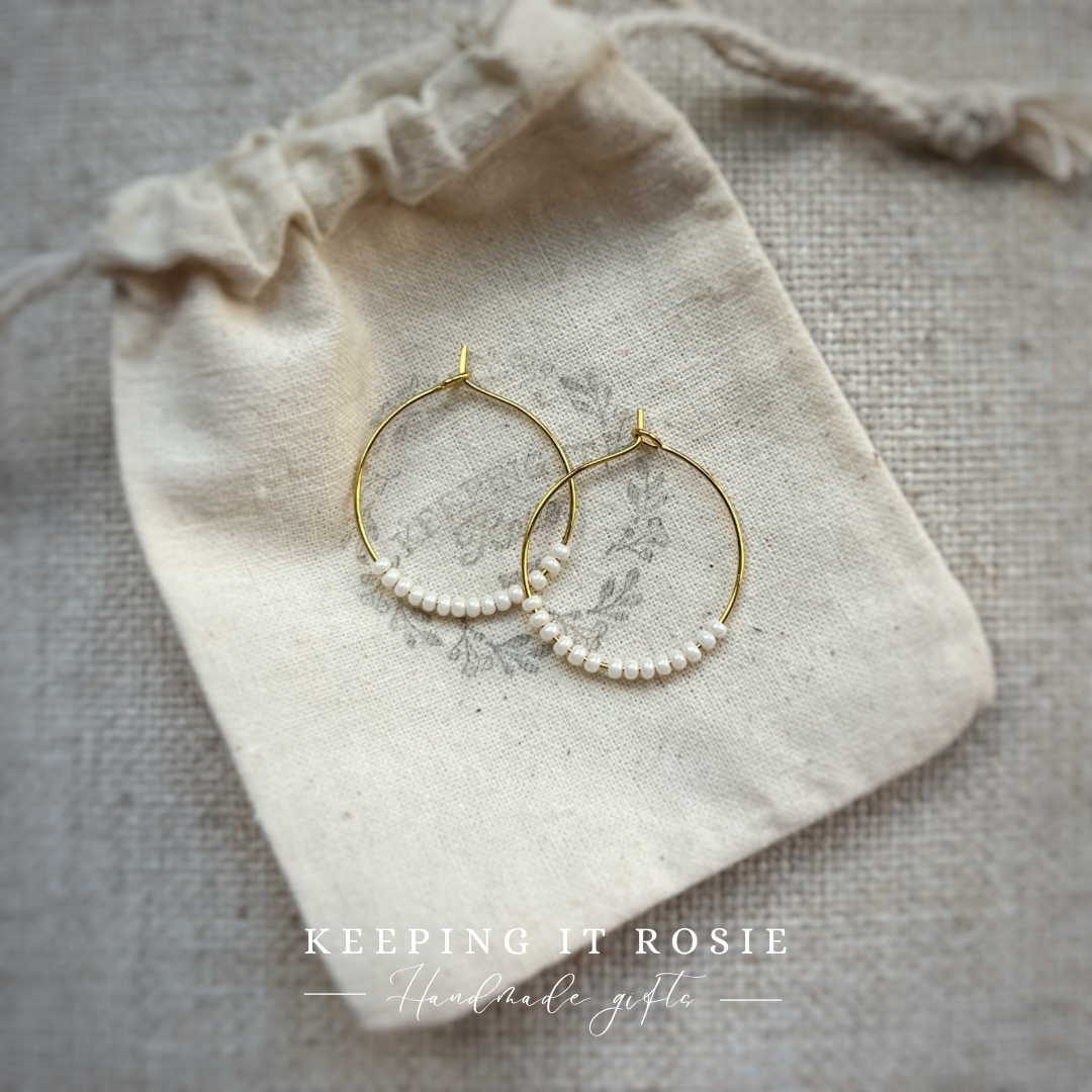 Pearl Heishi Hoop Gold Earrings