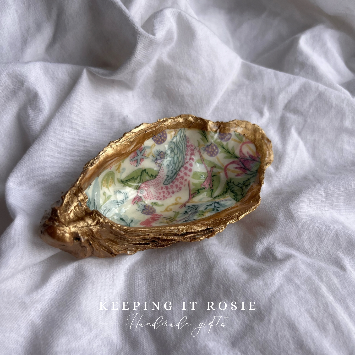Pastel Strawberry thief by William Morris oyster shell trinket tray