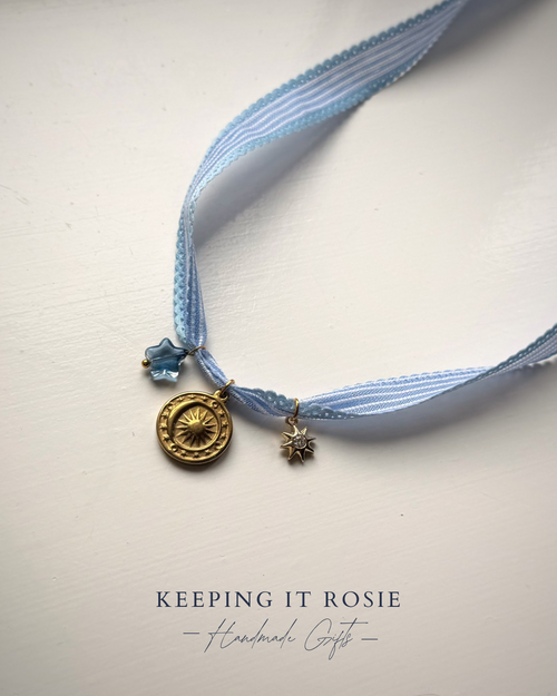 Blue & White stripe ribbon charm necklace