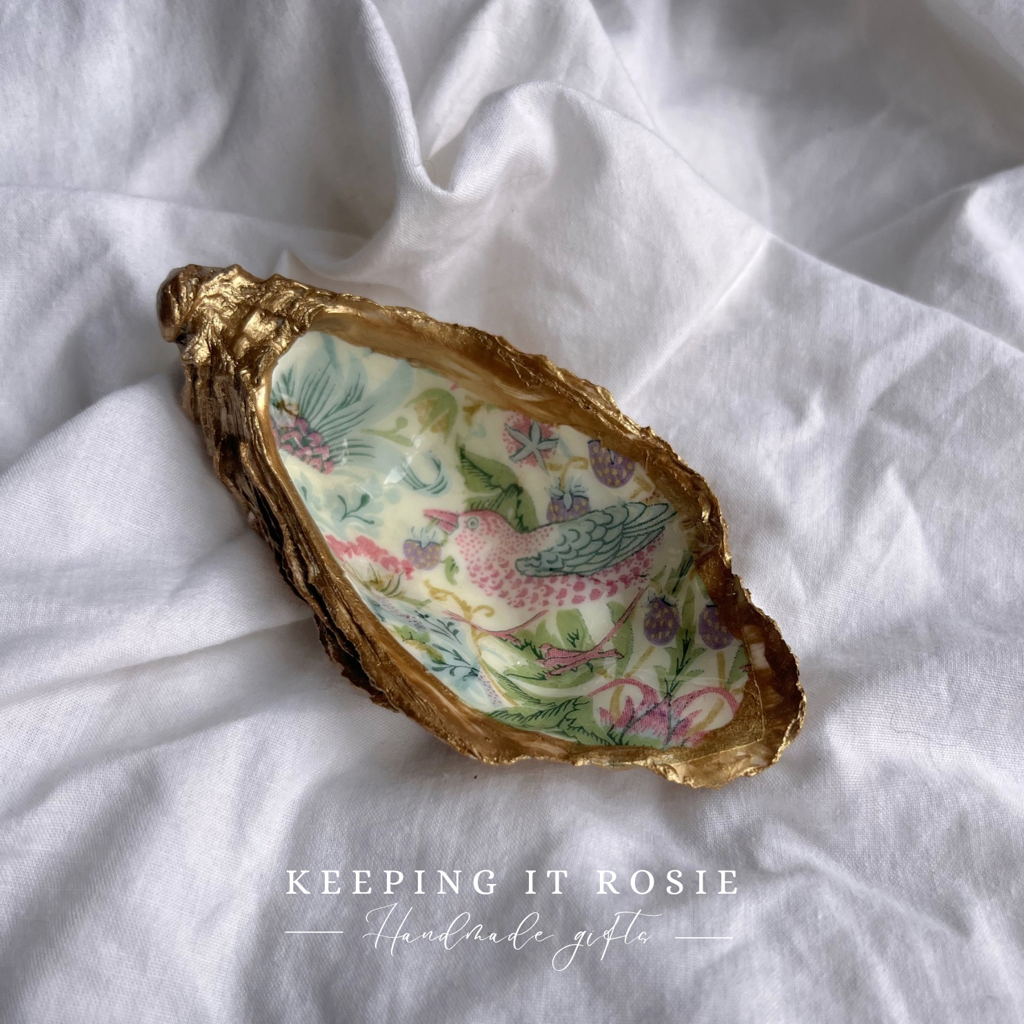 Pastel Strawberry thief by William Morris oyster shell trinket tray