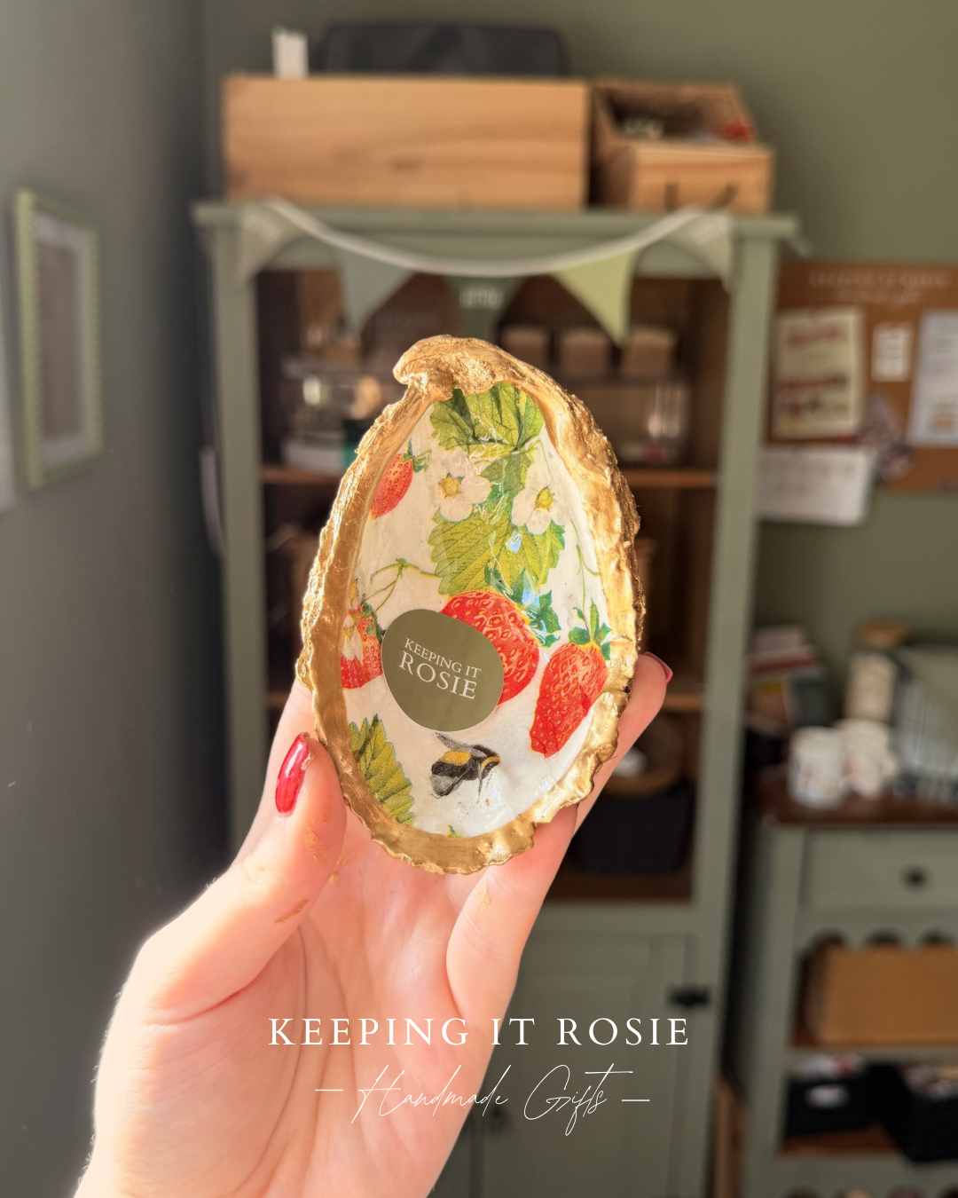 Strawberry & Bee print oyster shell