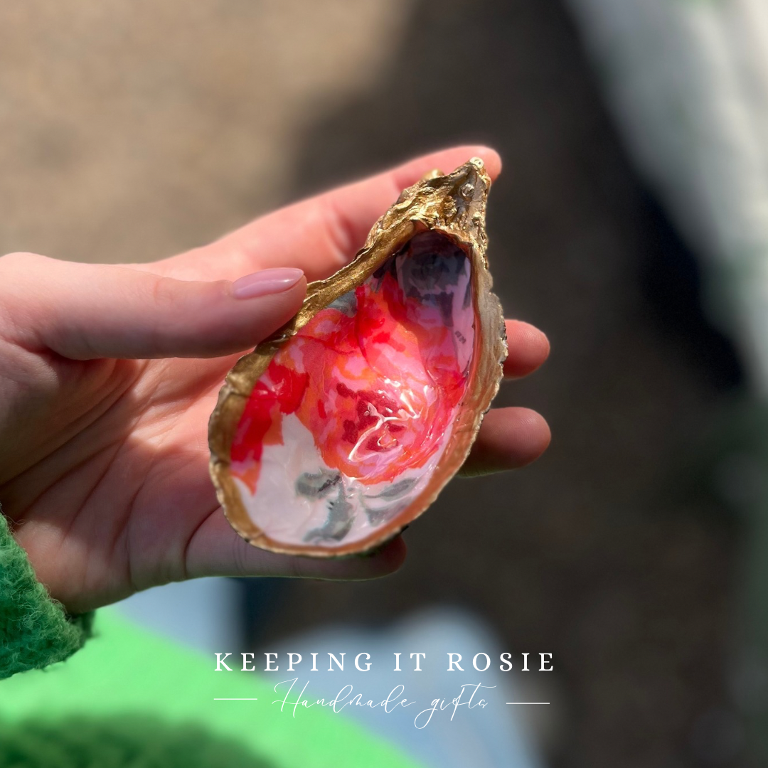 Pink rose floral print oyster shell