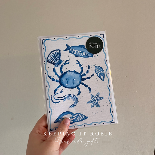 Blue coastal crab print Handpainted Card
