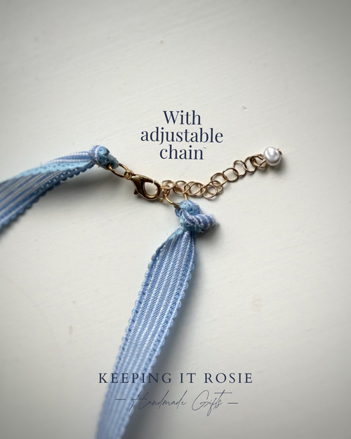 Blue & White stripe ribbon charm necklace