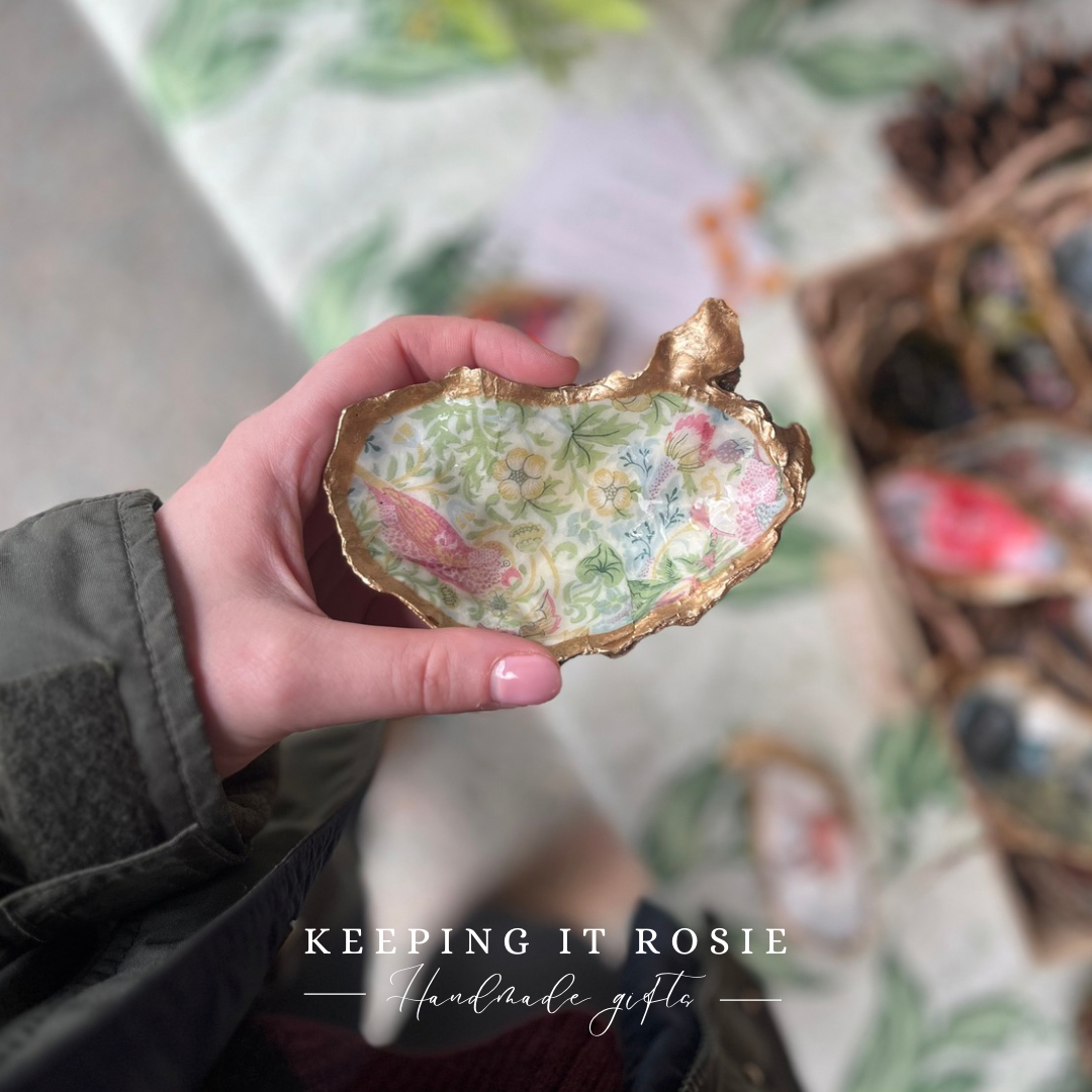 Pastel Strawberry thief by William Morris oyster shell trinket tray