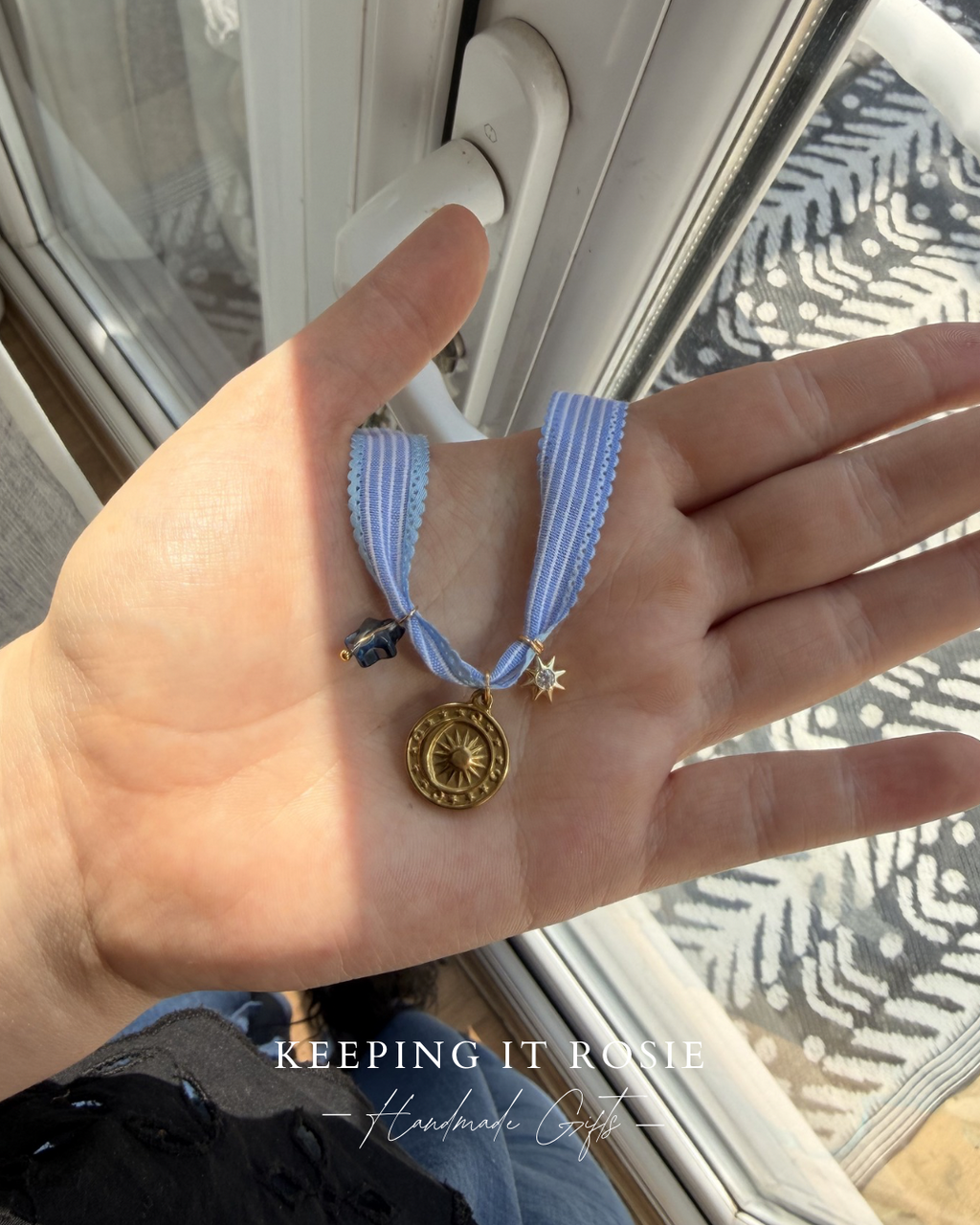 Blue & White stripe ribbon charm necklace