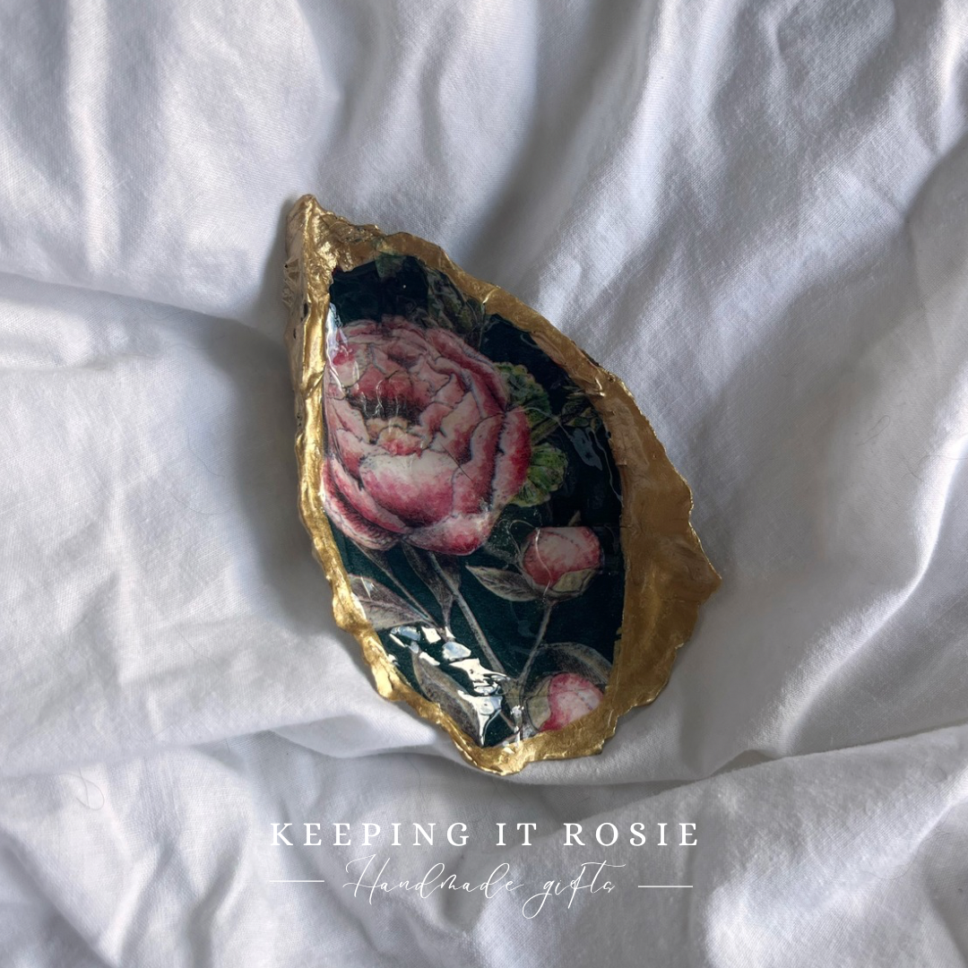 Rose print oyster shell trinket tray