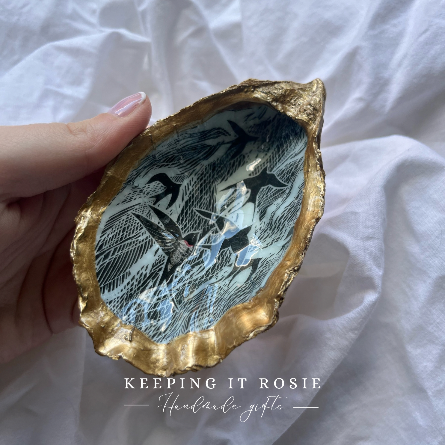 Swallow print oyster shell trinket tray