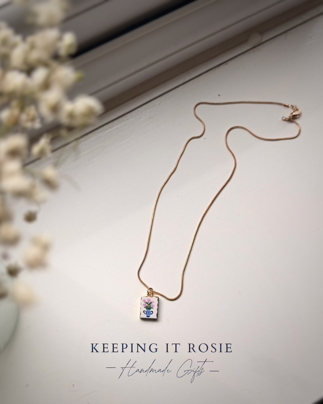 Gold Plated flower vase charm necklace